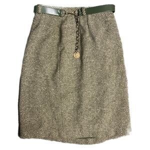 Green and cream herringbone wool skirt with coin charmed belt